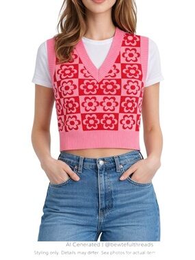 Retro Mod Floral Sweater Vest Pink Red Y2K Indie Preppy Knit
